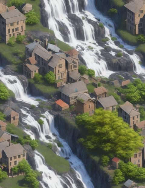 Village and waterfall